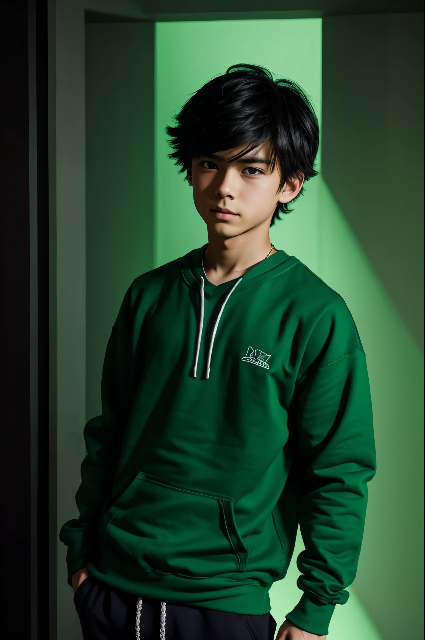 Anime boy with green sweatshirt in the dark