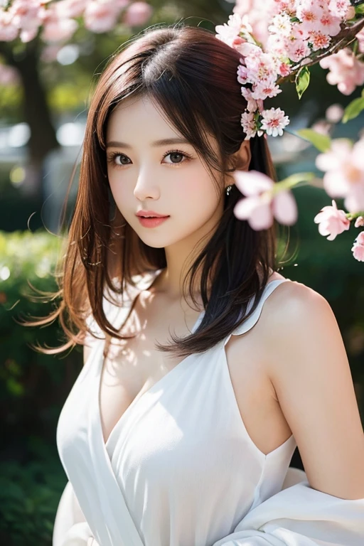 (masterpiece、High resolution、high resolution、超High resolution、Delicate、16K、perfect lighting、sunlight)1 female(brown hair、long hair、curly hair、clear eyes、dense lips、beautiful breasts、slim、slender、OL,garden、cherry blossoms、cherry blossoms並木、