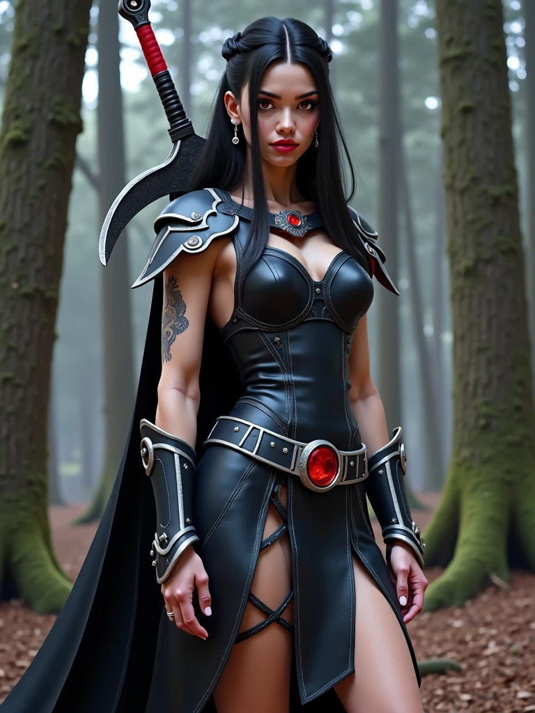 Mortal Kombat, create a full-body image of a character standing. Princess Zelda wearing the outfit of Scorpion from the Mortal Kombat game. Keep the original features of the outfit and add black with gold details. Exaggeratedly large breasts, she has long straight black hair and light blue eyes. She should be looking at the viewer, furious expression, closed mouth. She should be holding a katana that is attached to a black steel chain. She is in a macabre cemetery with heavy rain, her clothes and hair are soaked with water. Realism, Anime style, Mortal Kombat, UHD, 16k, masterpiece, high detail, best quality, anatomically correct.
