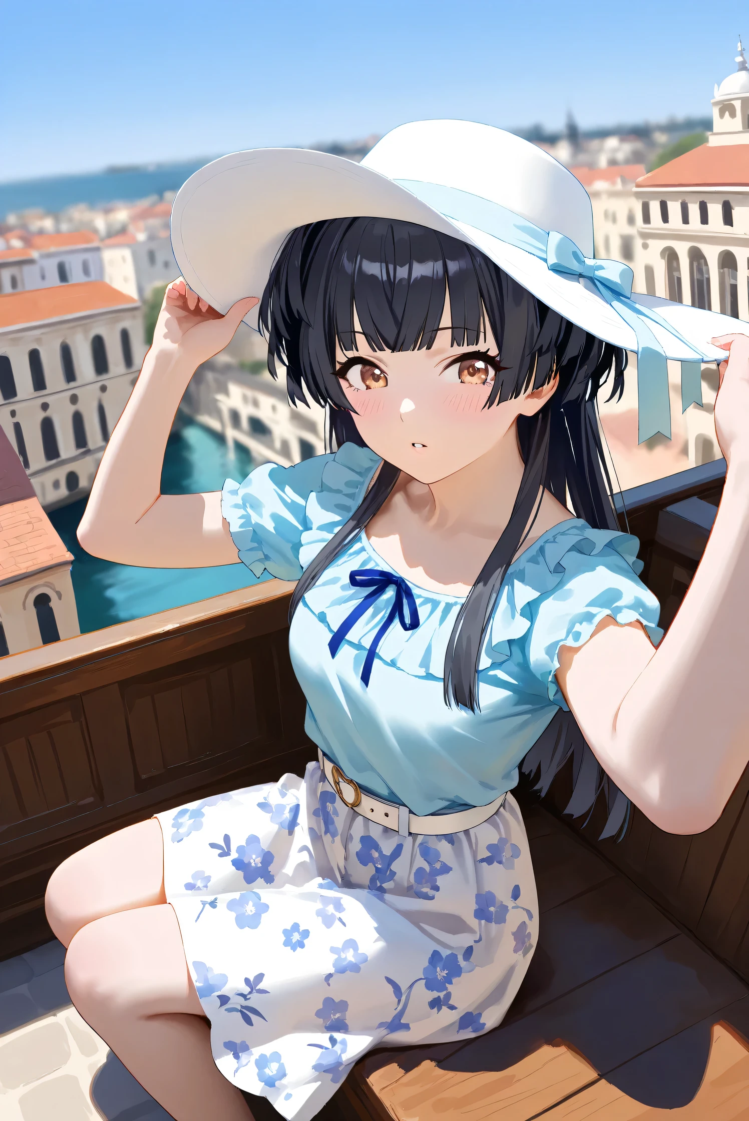 (Masterpiece), (Highest quality), (Very detailed),
(The best shape), (Best Shadow), (Absurd),
(Detailed background), (So beautiful), Shiny ,
Extraordinary, Countershading, 8k, 32K, High resolution, Beautiful eyes in every detail,
Very Detailed CG, UHD,
Score_9, Score_8_up, Score_7_up, Source_anime,
(Pastel painting:1.2), (Watercolor painting:1.2),
(Masterpiece, Detailed:1.2), (Foreshortening:1.2),
from above,
Cinematic, Dramatic, (Depth of field:1.4),
(Blurry background:1.4), (Realistic background:1.4),
(Foreshortening:1.3),Dynamic angle, 1 girl, solo,
Venice, Venice Building, Outdoor, Nature, Blue sky, flowers,
Mayuzumi Fuyuko,
The idolmaster shiny colors,
mayuzumi_fuyuko, 1girl, black hair, two side up, brown eyes, small breasts,
(Casual wear:1.3),
Light blue shirt, Short sleeves shirt, Frills
ribbon, Blue ribbon,
Skirt, White skirt, Floral print skirt, Belt, White belt,
Wide Brim Hat, (White hat:1.2), Blue ribbon,
portrait, Focus on face, (close up shot:1.2),
(Blush:1.3), parted lips, ride on gondola, sitting,
Realistic skin, Shiny skin,
