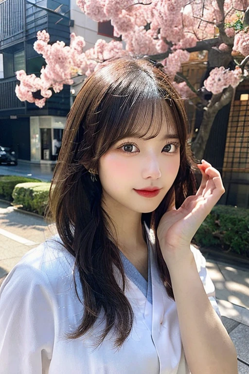 table top, highest quality, shape, Super detailed, finely, High resolution, 8k wallpaper, 完璧なダイナミックな構shape, finelyて美しい目, Wearing a white dress,medium hair,natural color lip, smile,Harajuku、teenage girl、cute、looking at the camera、C cup、brown hair、Blurred cherry blossom background