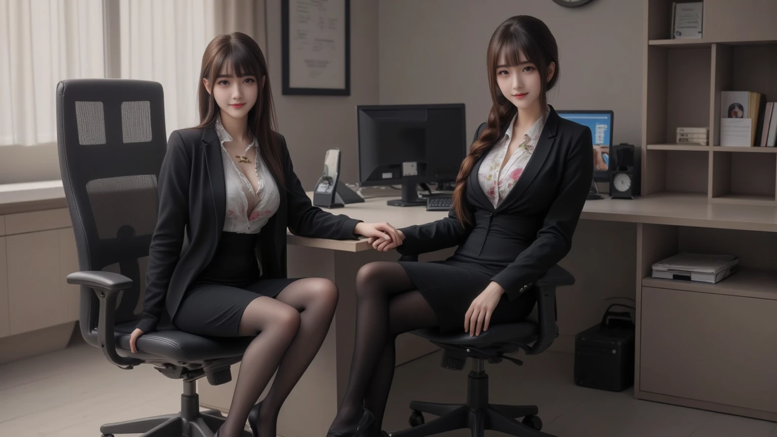 real bra,suit,2 lady,realistic,(ultra quality:1.2),japanese,high quality,masterpiece,(ultra detailed:1.4),japanese lady,beautiful face,(V-neck skirt-suit:1.1),((office)),slender,highres,