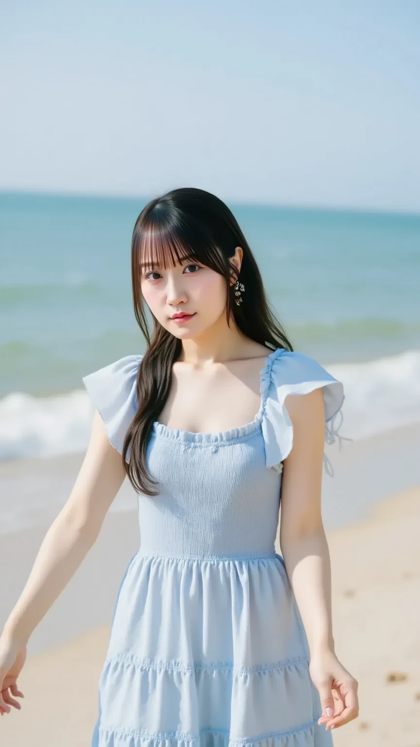 beautiful young Japanese woman, 25 years old, cute face, big eyes, long black hair, soft smile, wearing casual summer dress, beach background, ocean waves, sunny day, photorealistic, high detail, 8k resolution