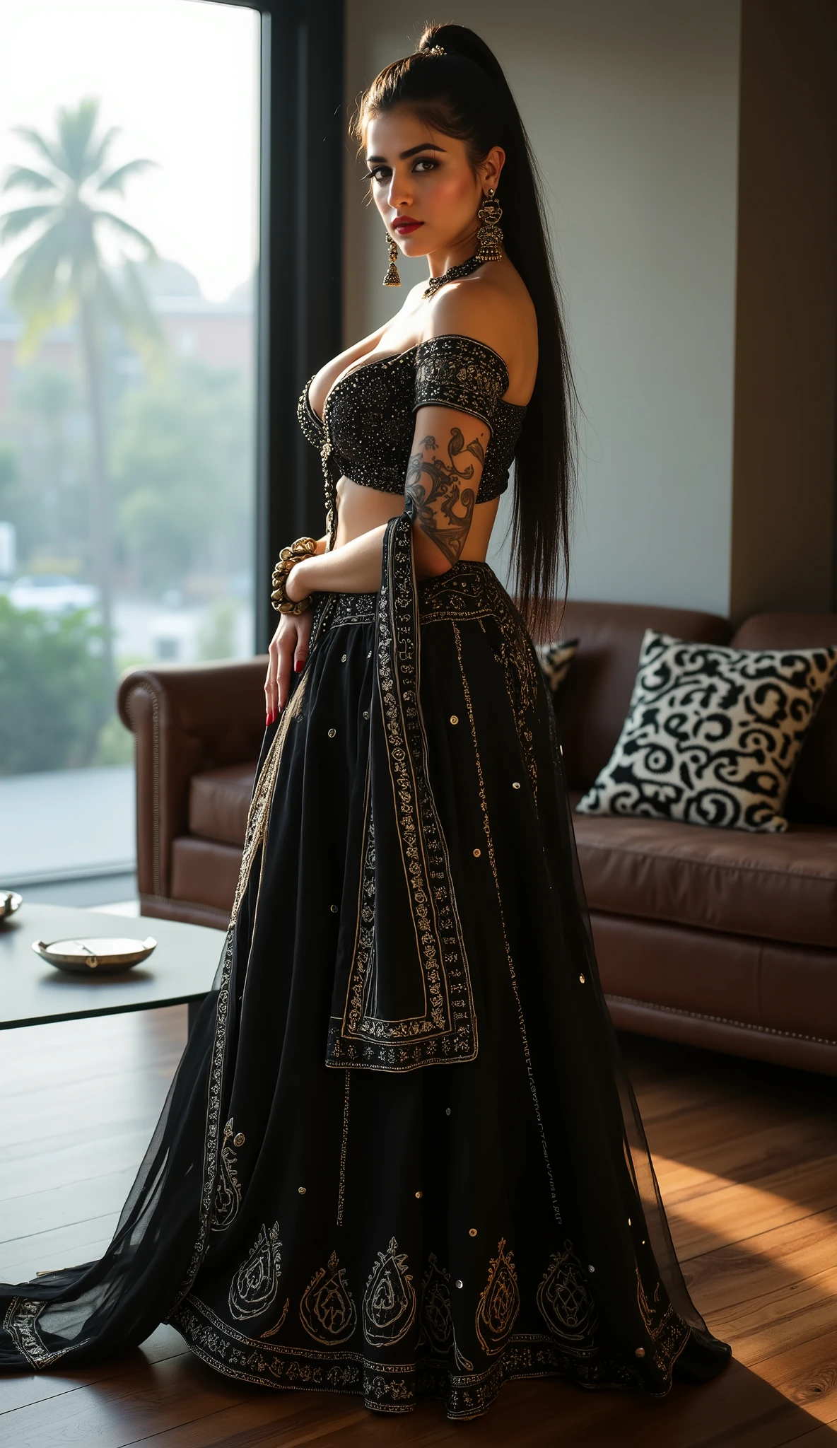 A hot and sexy woman, gigantic breasts, cleavage, goth style mistress (silk salwar kameez), with gothic accessories and high pump heels, little bit of modern jewellery, gothic makeup, red lipstick, long ponytail, standing in modern apartment ment room with beautiful view (afternoon time), standing & model pose, beautiful body, masterpiece, ultra realistic,detailed, 16 k , Film type light, potrait photography, looking at viewer with lust, intricate details, full body picture, wearing mia khalifa like glasses