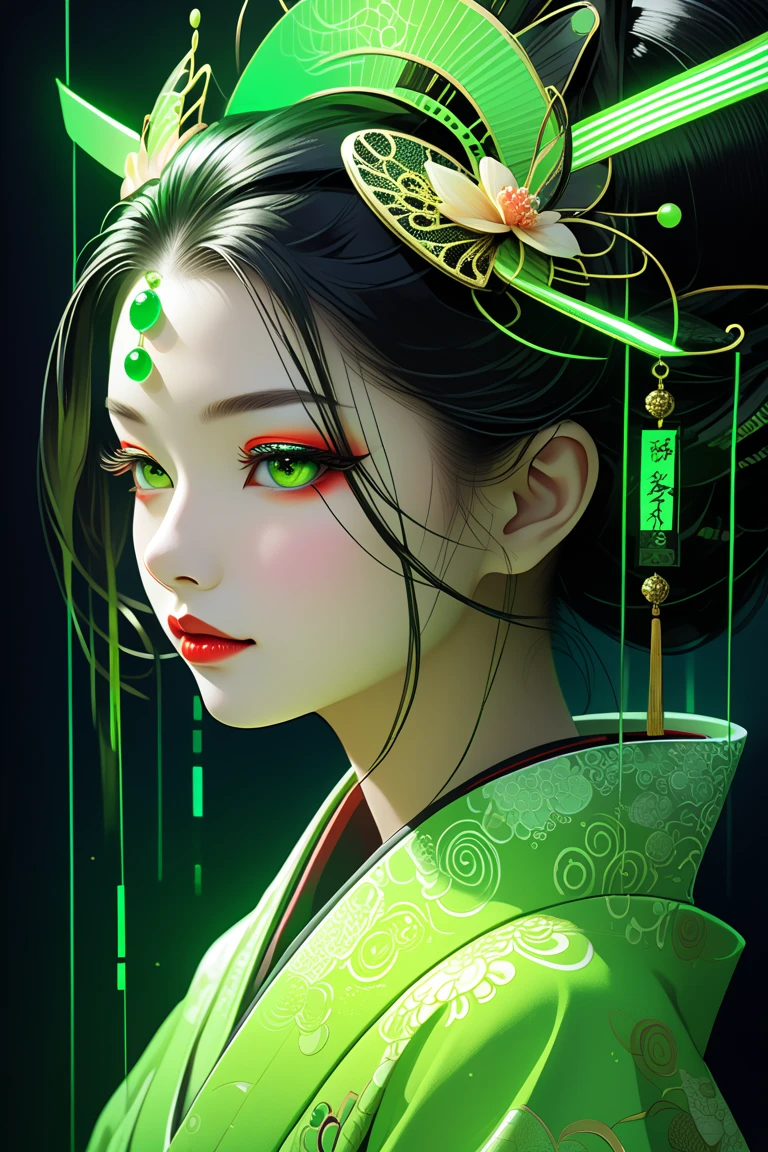blends traditional and futuristic elements in a very interesting way. The geisha’s face, seen from the side, is projected with a complex and mesmerizing neon green program code. The intricate and sparkling flow of the code adds an aura of mystery and high technology, while the geisha’s calm expression creates a captivating contrast between tradition and technological advancement. The strong neon green color creates a strong futuristic and surreal atmosphere. The fine details on the geisha’s skin and the dramatic lighting effects on the program code demonstrate a highly skilled digital painting technique. The combination of these elements creates a unique work that is full of intrigue and invites deeper imagination