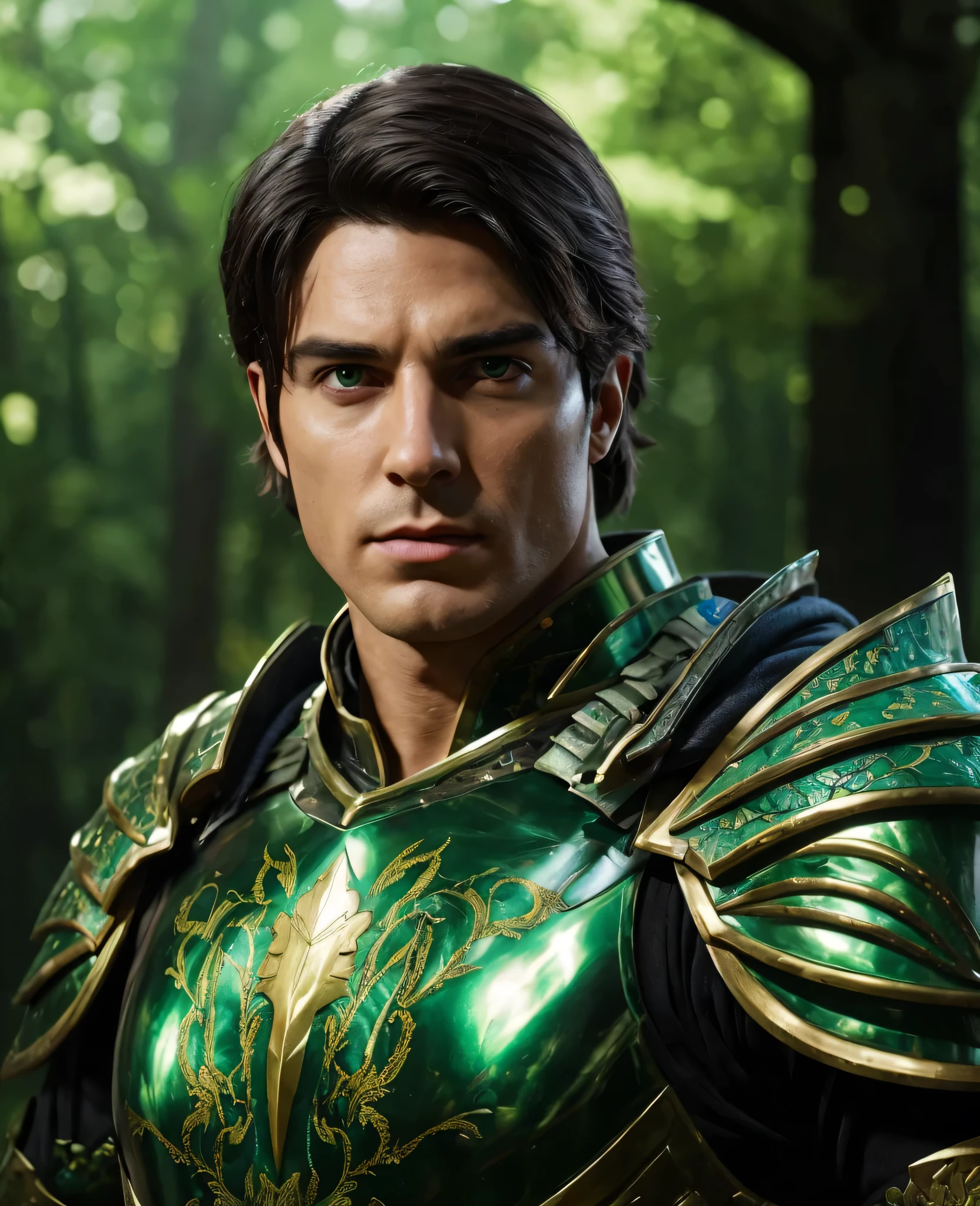 A General, he has brown eyes and black hair. He is wearing full green armour. Realistic with cinematic vibe.
