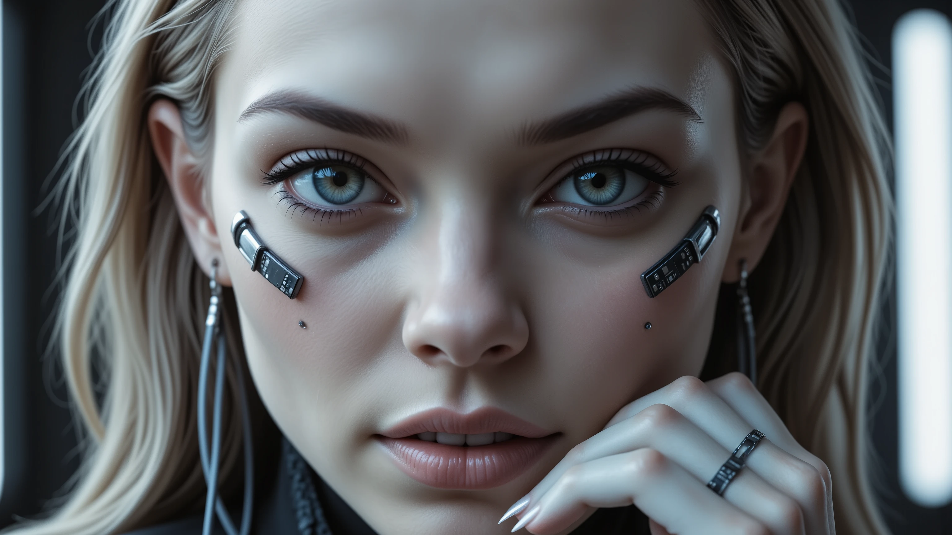 full body photo, young woman, chest, porcelain face, cyborg, robotic parts, 150 mm, beautiful studio soft light, rim light, vibrant details, cyberpunk, hyperrealistic, anatomical, facial muscles, cable electric wires, microchip, H. R. Giger style, extremely detailed, highly detailed skin with skin pores, highly detailed face and hands, highly detailed eyes and lips, perfect face, perfect lips, perfect hands, amazing, finely details, ray tracing, UHD, HDR, 16k, photorealistic, masterpiece, award winning
