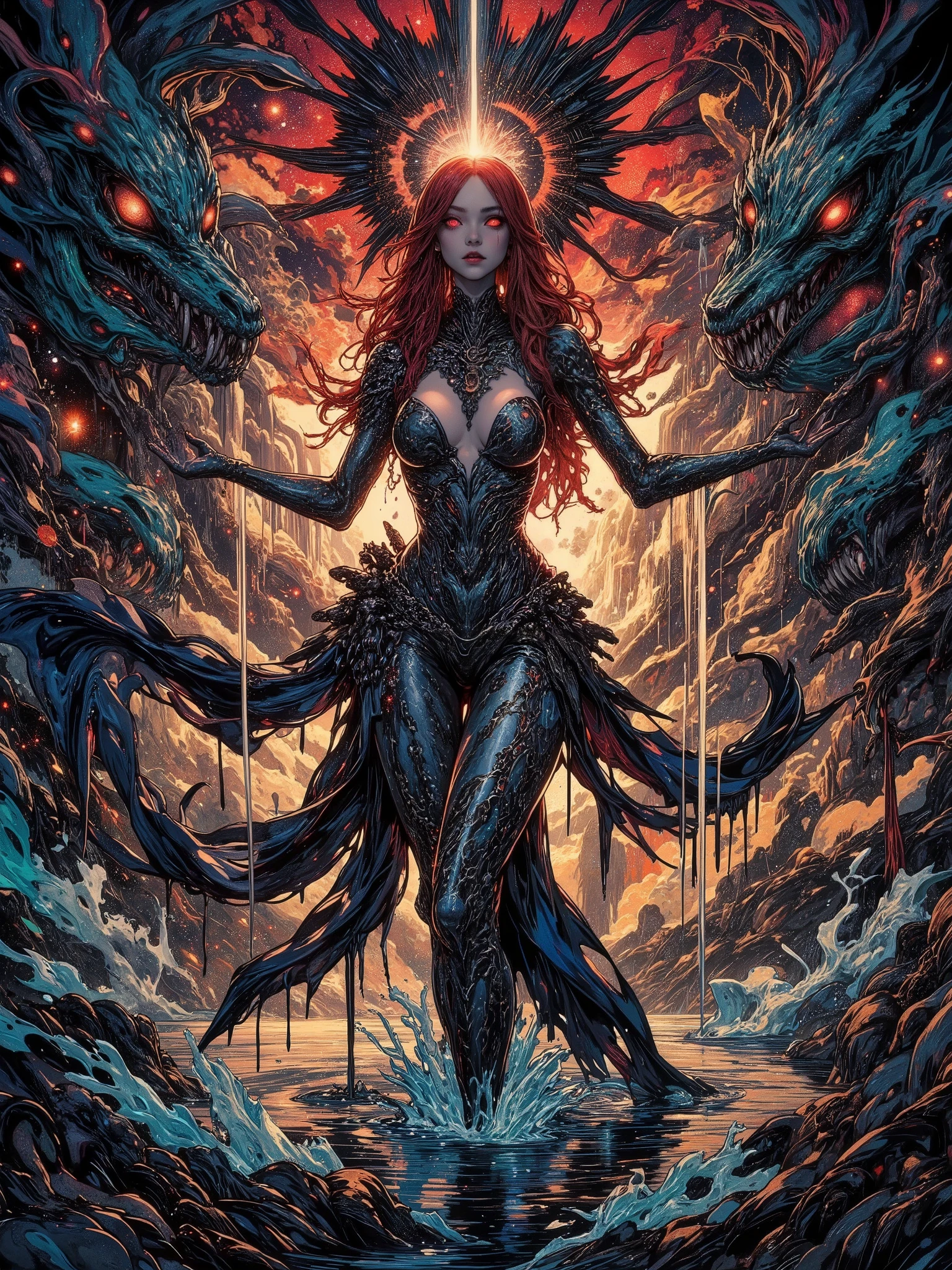 EdobHorrorLandscape, painting of a woman with flowing dark red hair, peter mohrbacher, kbak, gorgeous brown eyes, surreal, fantasy design, epic hellscape background, ample cleavage, rich brown eye color, masterpiece, semi-realistic, photo quality, high detail --ar 2:3