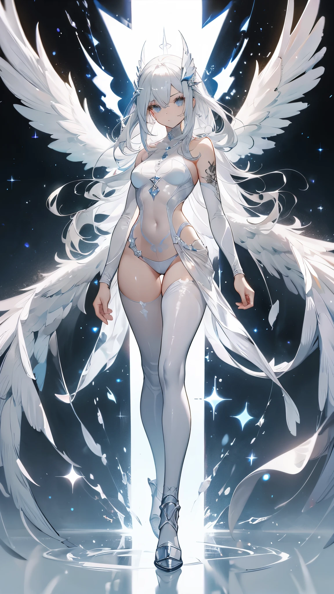 (gigantic cleavage breasts:1.2)，angelicales，White hair，Pale skin，Latex gloves，high-heeled leather boots，stand posture，Full body like，grin face，white backgrounid，simplebackground