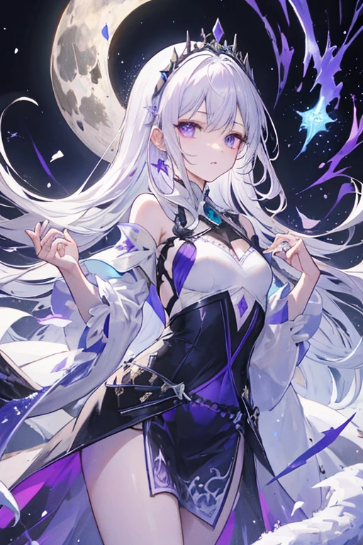 1girl, anime, cute girl, blank background, white background, fantasy, detailed fantasy dress with highlights, beautiful face, beautiful eyes, dark colors, black hair with multicolor streaks, red eye with different color pupil in eye, multicolor eye, medium breasts, slight cleavage, beautiful skin, cute, breast curtains, extremely delicate and beautiful, (beautiful detailed face:1.0), (detailed deep eyes), symmetrical breasts, deep eyes, shiny skin, portrait, slender waist, hips wider than shoulders, thighs, expressionless, young girl, luminous eyes, adorable,(Kpop idol),(aegyo sal:1),(Platinum blonde hair:1),((puffy eye)),Black panty,sexy posture,Superskirt, Ultra-high resolution,Black collar,slim figure, Abdominal y tattoo, womb tattoo,Tight-fitting leg ring,y tattoo on half-body,Bare skin, Armored hand,Hidden fingertips,Hand covered,Arm covered,Fist covered,{{beautiful detailed fingers}}, tufts of hair, moderate beautiful breast:1.0,(masterpiece:1.2), best quality, high-res, HDR, perfect face, intricate armor, delicate blue filigree, intricate filigree, red metalic parts, detailed part, dynamic pose, dynamic lights, cute face, neutral expression, shuimobysim, lotus, hanfu, maxi skirt, dress conservatively 1girl, solo, long blue hair, standing, One lady,14years,((White hair) ,(Shiny purple bodysuit with microskirt),((Fantasy, Moon Night)), gradient_eyes,