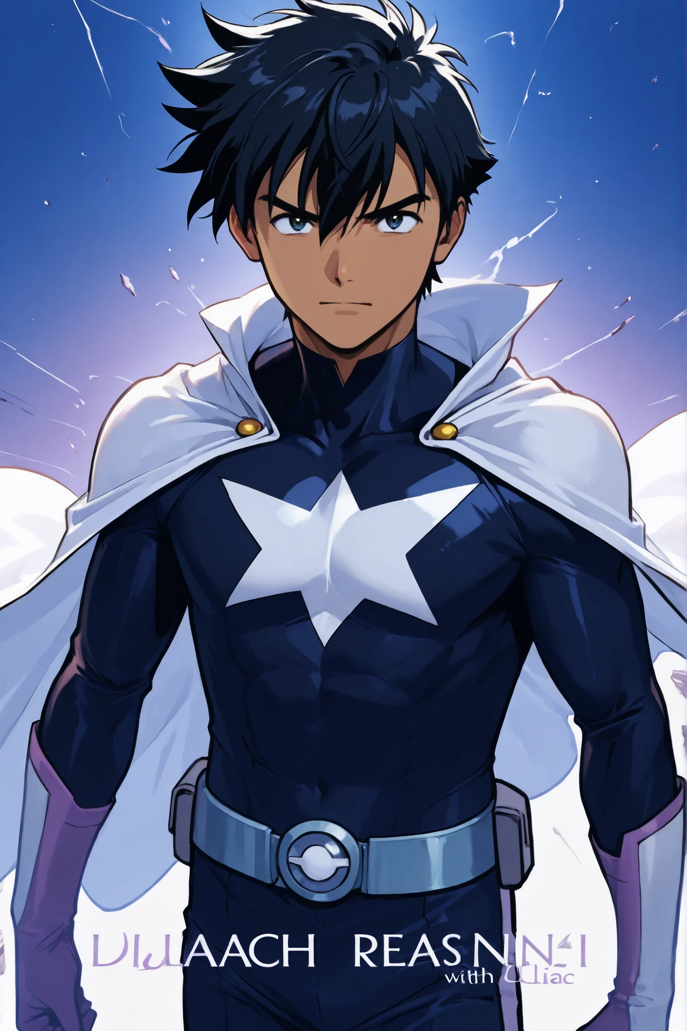 Black haired boy anime superhero, costume with white cape lilac details with cover,