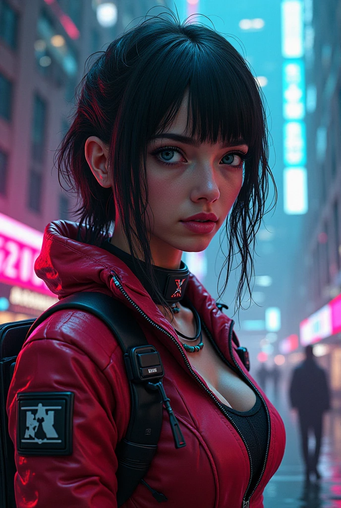 Hungarian woman with an athletic and toned physique; striking features with high cheekbones; green eyes; long, dark hair often styled in intricate braids; 'light olive' skin; best quality; trending on artstation; complex volumetric lighting; strong shadows; artistic lighting; dynamic; energetic vibe; realistic skin; specular highlights; micro-textures; highly detailed hair; crumbling concrete walls; dystopian aesthetic; injured and bleeding; slouching down behind garbage in an alleyway at night; in pain; bloodied face; bloody clothes; leather jacket; bleeding profusely; stab wound