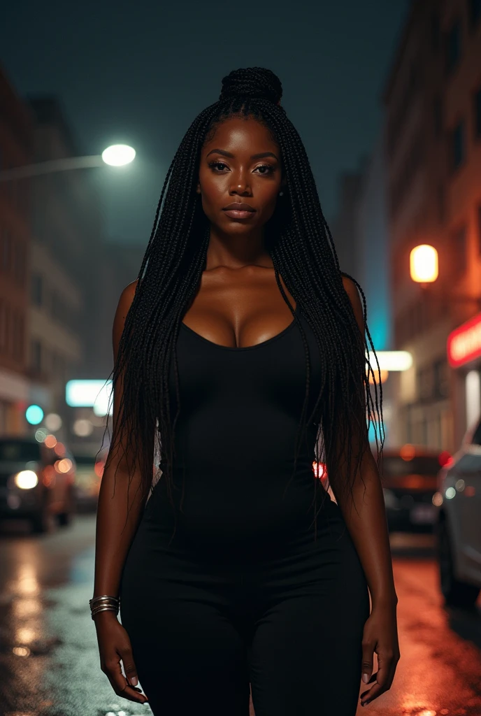 Black Nigerian Woman outside in pyjamas, caught in a downpout, raining, drenched, soaked, wet clothes, dishevelled,oil covered clothes, wet skin and hair, posing, cold grey light, symmetric, pornographic, photographic quality, masterpiece, 8k, looking at viewer, cold, on city street, standing, late night, neon, busy street, narrow depth of field, close up, detailed eyes, dripping wet, bokeh, no bra, big breasts, arms crossed under chest