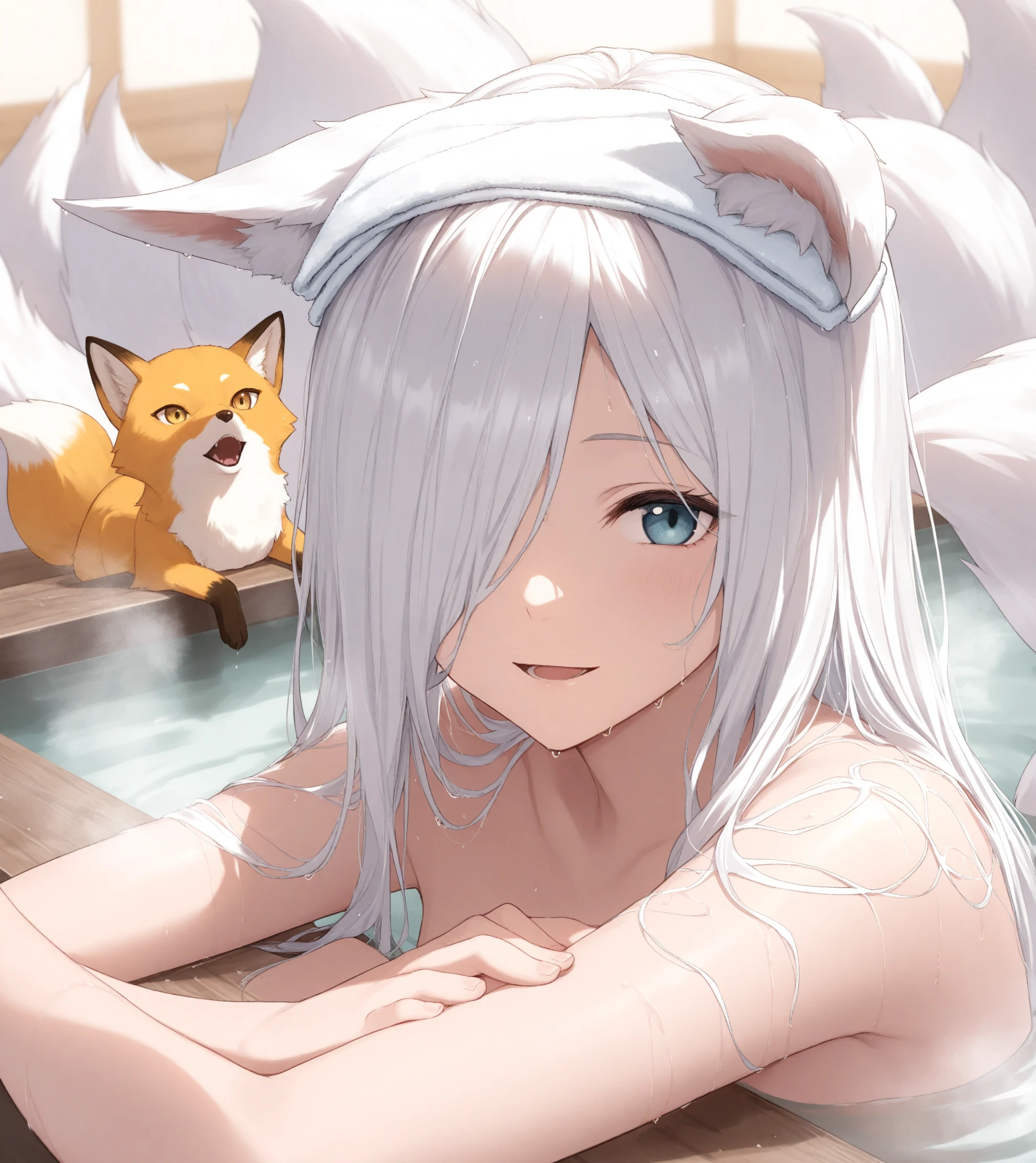 (superflat, flat shading, flat colors:1.1), wide angle, 3girls, little, loliflat chest), white hair, (big white fox ears), ginger hair, (big ginger fox ears:1.1), black hair, (big black fox ears), naked, nipples, submerged in water in a pond, hot water, steam, smile, pleasure, snow, winter forest, bright sunlight, white, best shadows, watercolor,