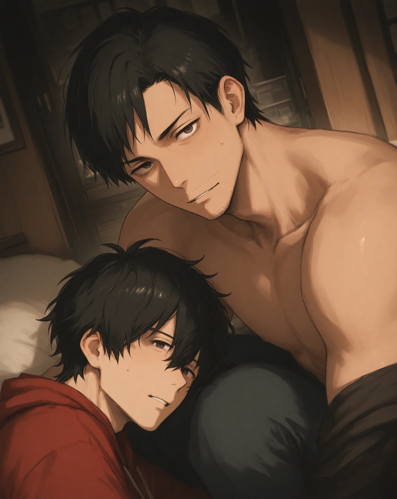 a man in a santa hat laying on a bed, santa, by Pu Hua, by Lü Ji, masculine muscular figure, christmas, muscular masculine figure, santa claus, sexy masculine, muscular man, muscular men, korean artist, manhwa, wearing santa hat, festive, muscular male, sitting on santa, masayoshi suto and artgerm, pan ren wei, ful calidad, 4k, ful HD, calidad de cine, calidad alta
