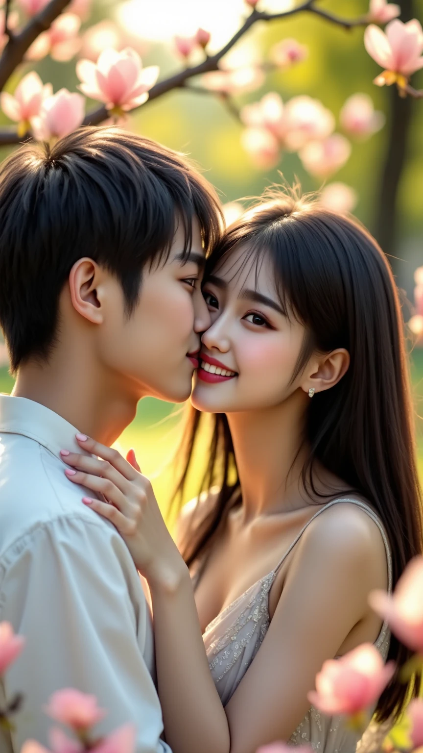 Asian couple kissing in a sea of flowers
