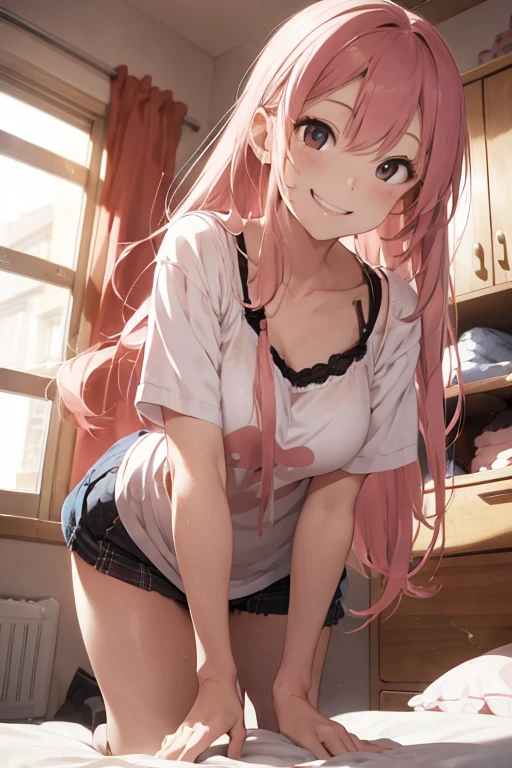 masutepiece, Best Quality, (A lot of clothes are falling:1.4)、super detailed, 8K_Wallpaper,A pink-haired,Very long hair, (Beautiful eyes), ((Cute)), Cute, (lovely), 3女の子,cleavage,thighs thighs thighs thighs,Tank Tops、Mini skirt,,.high socks,, knee sox,Smile,,Striped panties,Back view,pixv art,Anime,gals,slim,slender,(A lot of clothes are falling:1.4)、,Black eyes|Blue eyes,Cluttered rooms、Sit-in、Large room