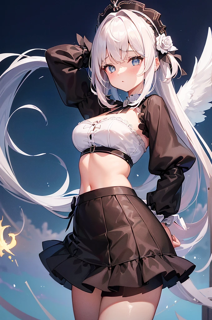 Silver long pony tail girl silver eyes have 2 silver wings wearing golden underwear and transperance baby diaper have golden baby mask cover mouth