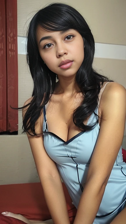 random pose, mix 4, (8K, Raw photo, highest quality, masterpiece: 1.45), (realistic, photorealistic: 1.37), one girl, cute, professional lighting, photon mapping, Physically based rendering, gradient black hair, girl, Silk nightgown, best quality photos, High resolution, 1080p, (clean face), (Detailed facial description), (Detailed hand explanation), (masterpiece), (Detailed CG), extreme light and shadow, messy hair, master work, Rich details, (detailed facial features), (best quality photos), (masterpiece), (fine eyes), look in front of you, thin clavicle, on the bed,From above、ponytail、((sitting on the bed:1.4))、off shoulder