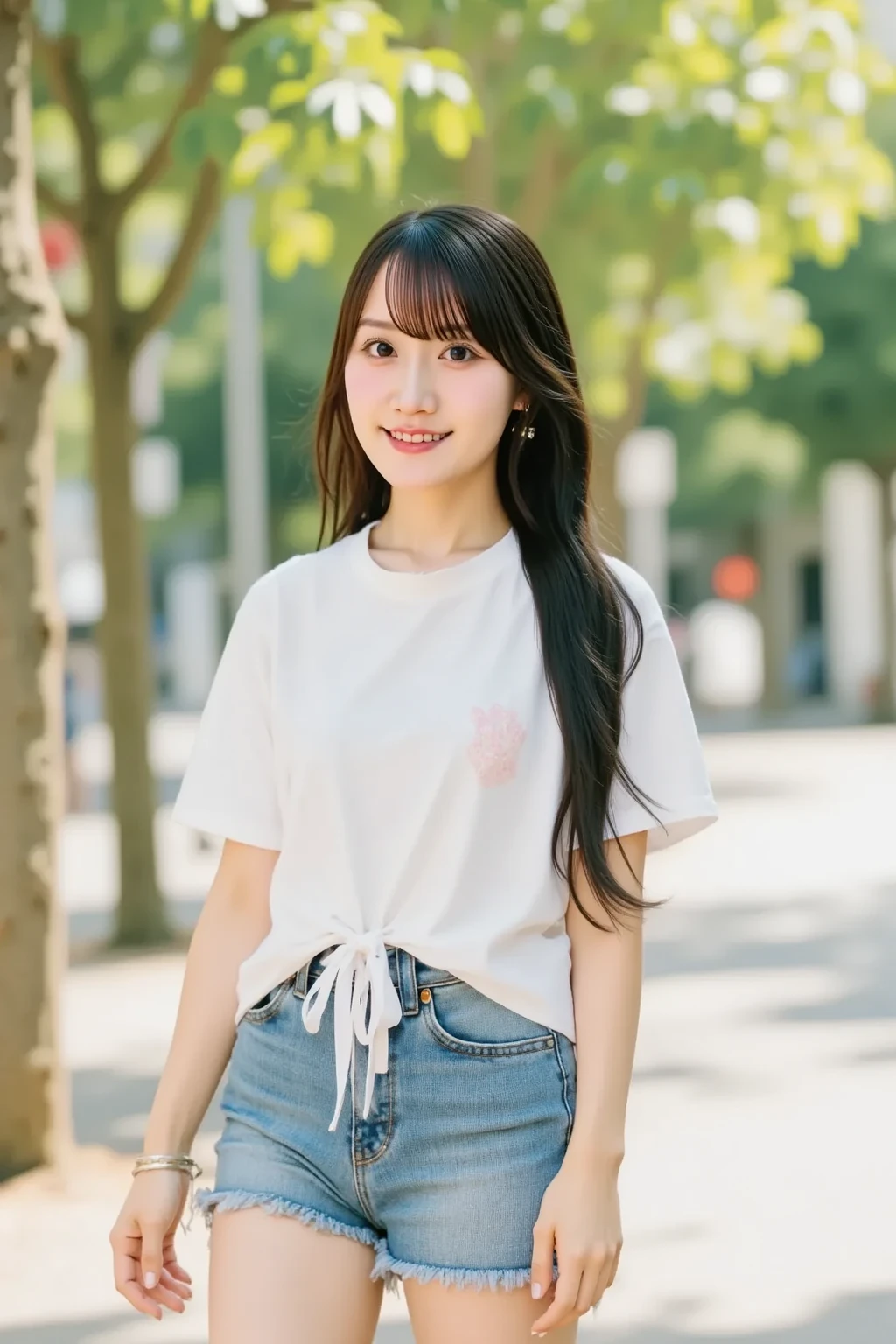Best-quality, Masterpiece, Ultra-High-Resolution, (Photorealistic:1.4), Raw-Photo, 1girl, (12-years-old), the most famous Japanese idol, hands on hip, upturned ass, innocent-smile, dynamic-pose, extremely beautiful skins, extremely beautiful big-eyes, extremely beautiful hair, extremely cute face like the most popular Japanese idol, extremely beautiful long-eyelashes, extremely beautiful lips
