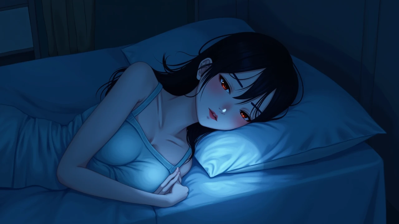 Brunette girl with long straight brown hair, lying on her back on a bed looking up at the ceiling. Red lighting in the room.