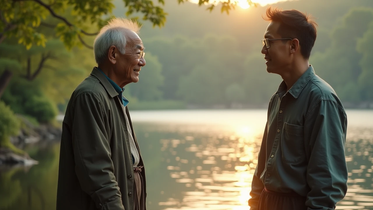 Handsome Korean guy with six-pack abs takes off his clothes and hugs an old homeless person while taking a shower