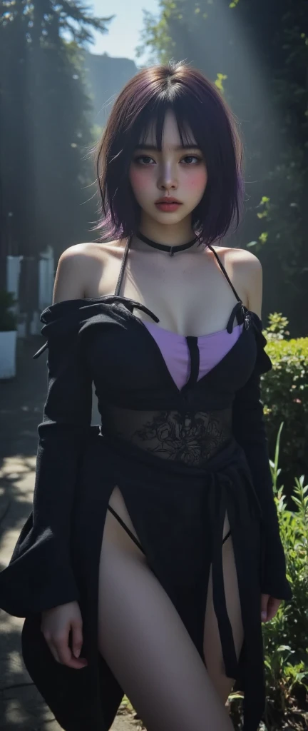 La jeune fille de 20 ans au cheveux tres long viole violet et rose rose nommer Lucidia en maillot de bain de couleur noir noir noir noir noir noir noir noir