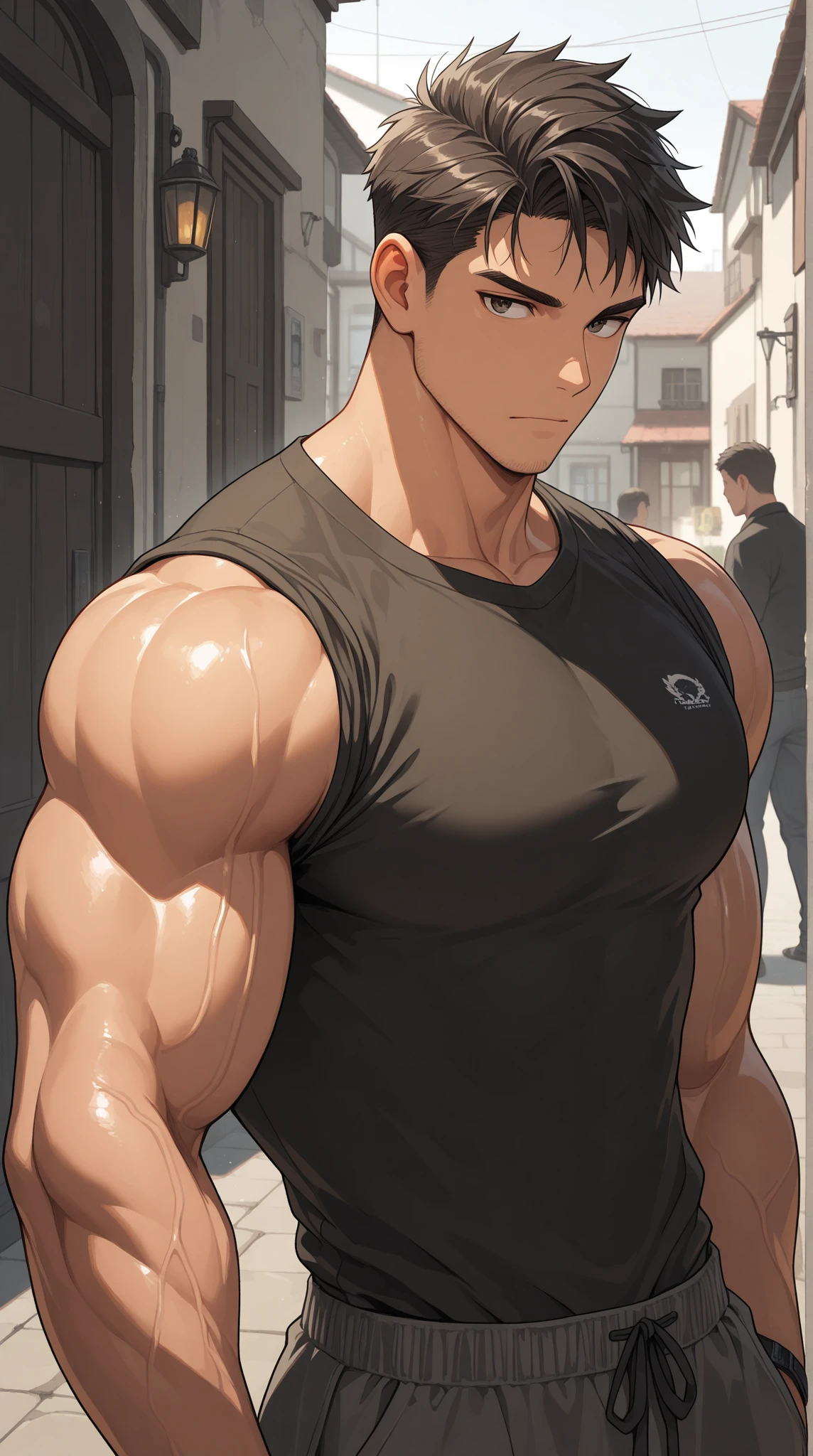 ((the best quality)), ((Masterpiece)), (details), perfect face, high definition, Masterpiece,4k,details clearly, Handsome face, white skin, perfect body, male body, strong muscles, abdomen, blue eyes, white skin, The most handsome man in the world, handsome, The coolest face, Male characters, close image (1man, shirtless), young man, mischievous smile, Extremely muscular tall man, open your eyes ((detailed eyes)), huge, muscular body and Massive, bulging pecs, muscular abs, narrow waist, short hair, blue eyes, delicate big eyes, carefree expression, clear face, handsome (detailed face, perfect face) ((extremely realistic shadows, bodybuilding posture, human, ((22-year-old young man)), V shape, athletic pants, athletic, Shirtless, Sunlight, Street wall, lower pants, topless, close up look, CG sense, Textured skin, the best quality, Storytelling images, lower your pants, show Panty line, Show your abs, show arm muscle, white hair, shining blue eyes, powerful mage