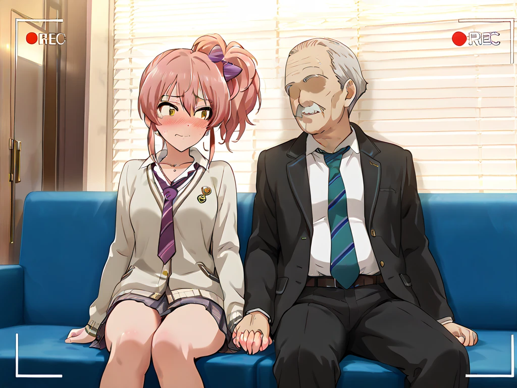 Ultra-detailed illustrations、Ultra-precise expression、masterpiece、Highest quality、ultra High resolution、High resolution、Hiromitsu Takeda Style、White background、Simple Background、sit、whole body、Luxurious sofa、Bulging crotch、Big crotch、White Suit、Black socks、One fat old man、おじさんがソファにsit、Bald Head、No Face、solo、Leather shoes、penis、Gold tie、Mash Kyrielight、light purple hair,short hair、Completely naked、Blowjob、Back view、back、が膝をついてBlowjobをする、