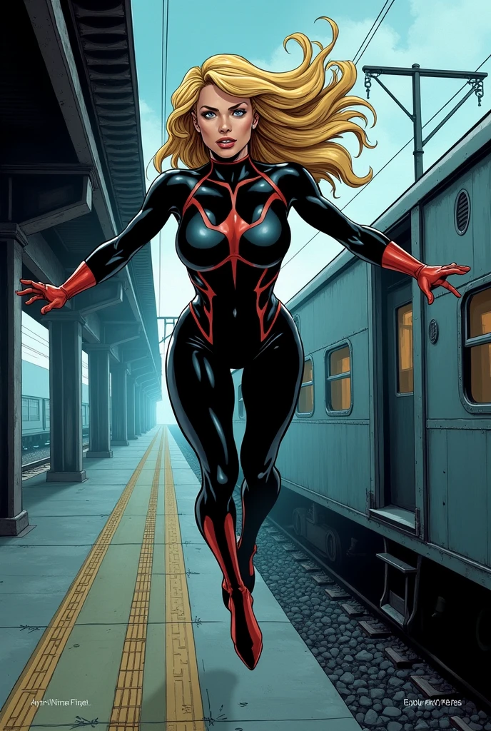best quality, dynamic angle, from behind, a spidergirl, embarrassed, blush, red suit, fight scene, action pose, blonde hair, night city, hyperrealistic, cinematic <lora:more_details:0.5>