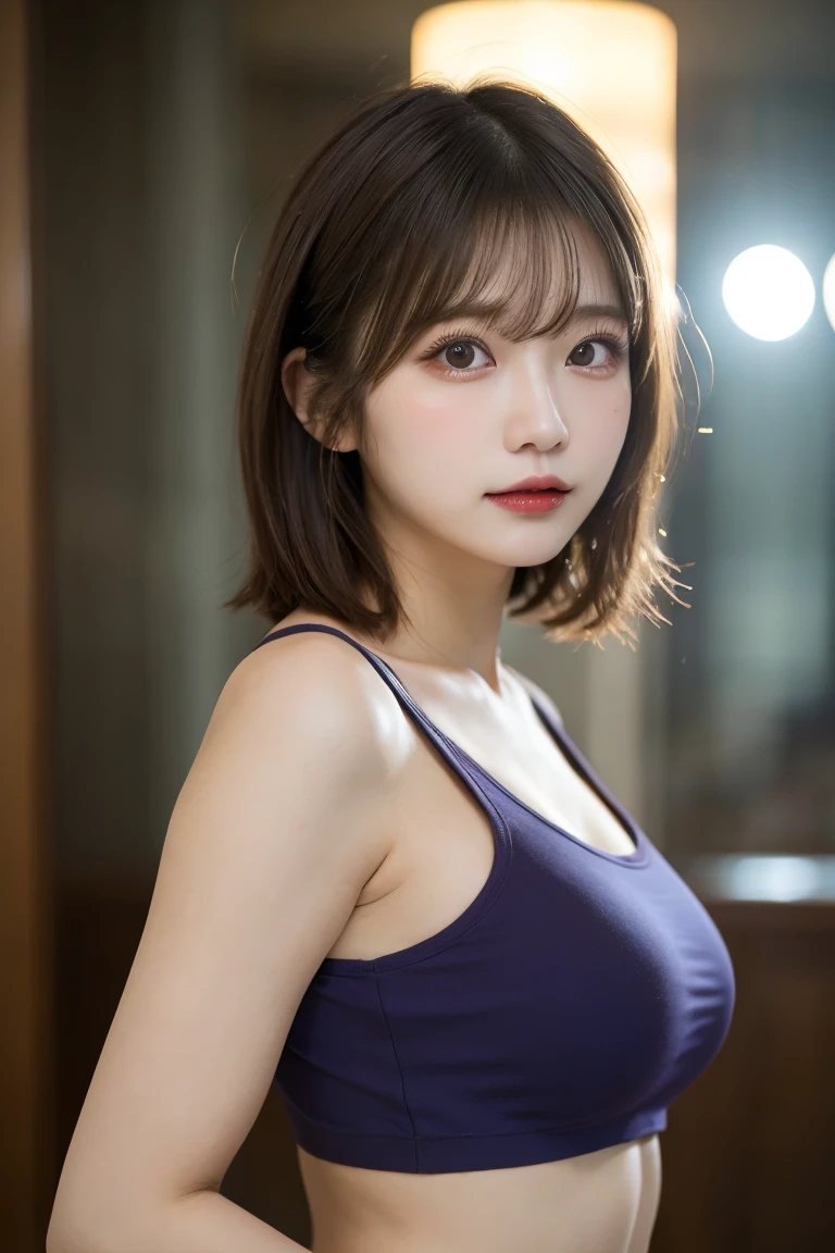 masterpiece、highest quality、8k、(Upper Body:1.4)、beautiful girl、Small breasts、Pretty face、View your viewers、Cute Smile、Ultra-realistic、photograph、Film Grain、chromatic aberration、Sharp focus、High resolution、Face Light、Dynamic Lighting、Cinema Lighting、Professional Shadow、Real Skin、Delicate facial features、Detailed face and eyes、Sharp pupils、Big eyes、Brunette's eyes、double eyelid、Natural Bangs、Beautiful and thin nose、Beautiful Skin、Chestnut Hair、Medium Bob Hair、Shortcuts、Natural Bangs、Perfect and beautiful face、Slim face and figure、Natural color lips、Short tank top、Shorts、Open the navel、Seaside、Underbust、