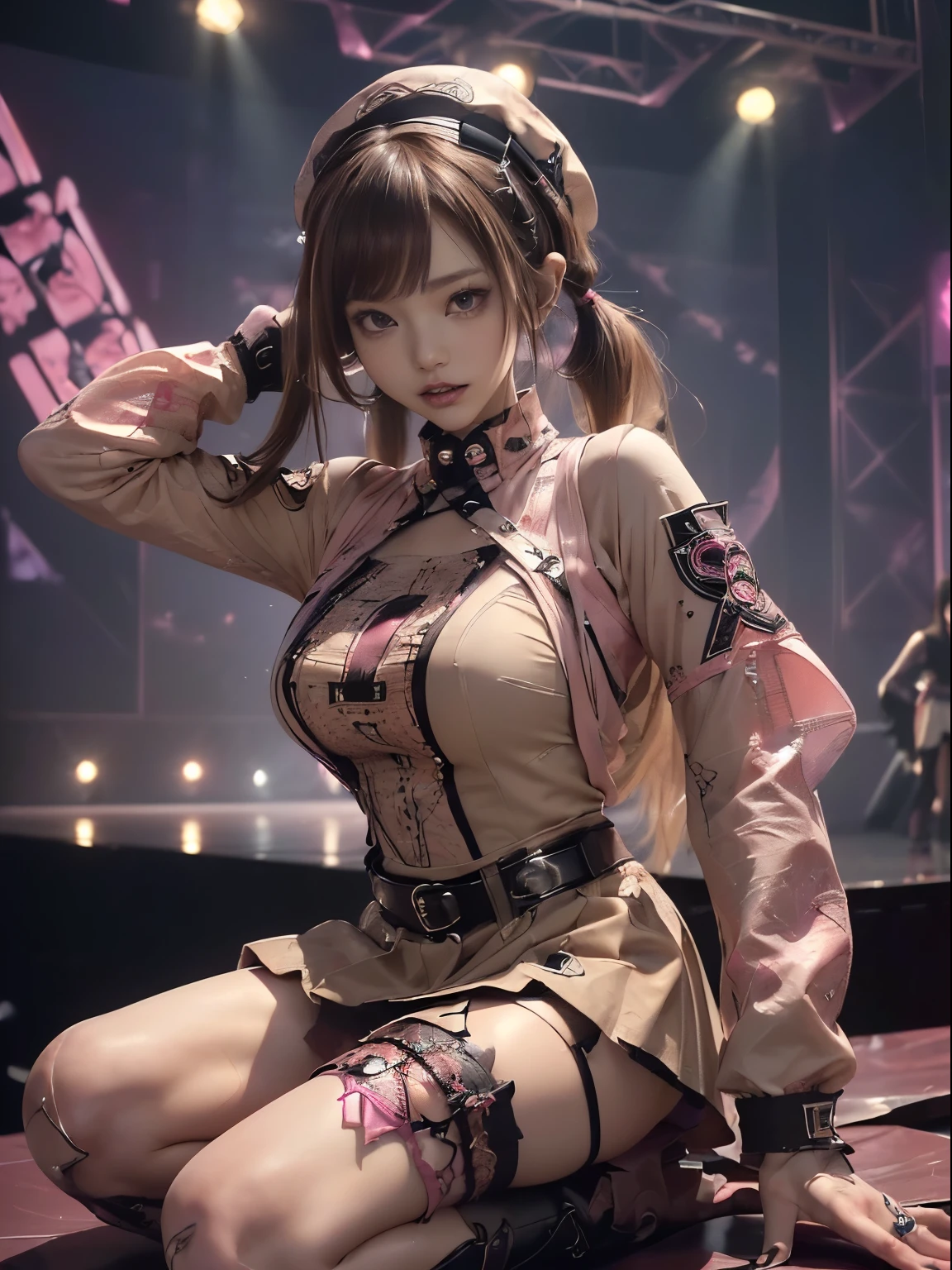(NSFW:1.3), ((masterpiece)), ((highest quality)), (Super detailed), ((cute)), cute, (Lovely), ((sexy)), (ero), ((very detailed)), 4K, (8K), highest quality, (beautiful), anime style, hyper realistic, real, character focus, 1 girl, solo, cute girl, (idol costume:1.5), (looking from below:1.3), (hyper cute face), beautiful light brown hair, beautiful black eyes, ((beautiful eyes)), large breasts, embarrassing, blush,(concert hall:1.3), (pov, Microphone, spotlight, white panties, show off panties:1.1), shiny, shine,
