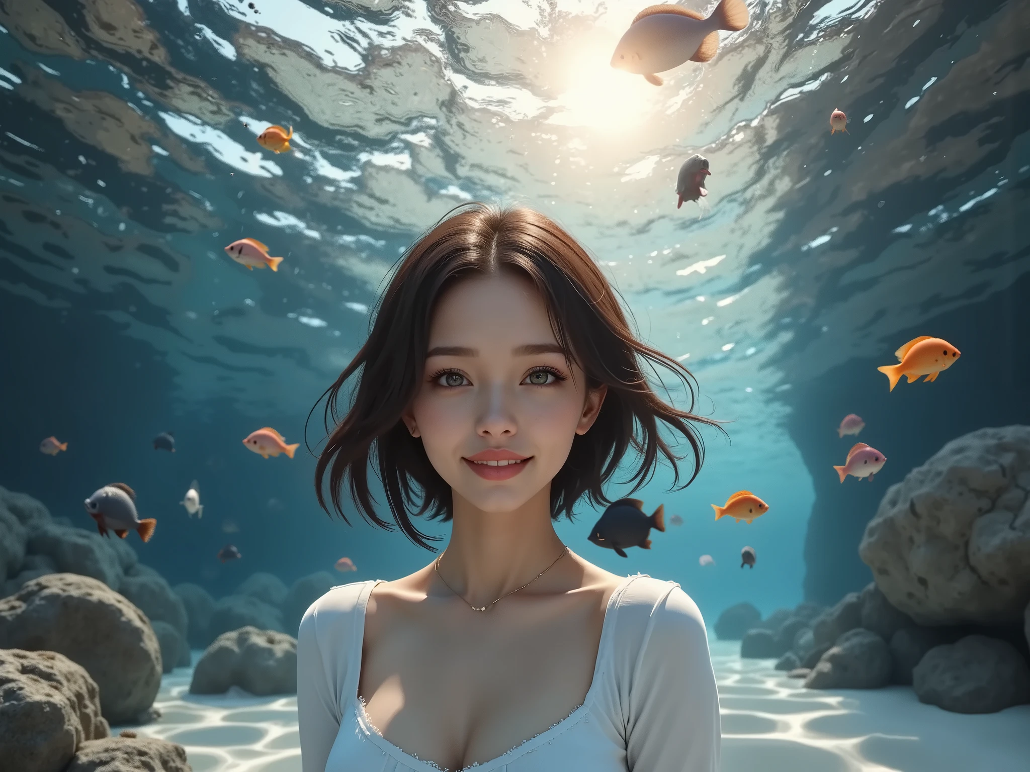 (photorealistic、Best Quality,4K,8k,high resolution,masterpiece:1.2),(Realistically accurate portrayals with detailed details,Full live-action version,photorealistic:1.5), (((RAW PHOTO, very detailed, beautiful girl swims underwater, white one-piece swimsuit 、dynamic angle, The surface of the water shining in the sun, The waves are shining、Sunlight is shining in and overflowing、 amazing sight, cinematic lighting, lens_Flare))), (((Rocks and corals、white sand and shellfish、tropical fish swim overflowing with fire)))