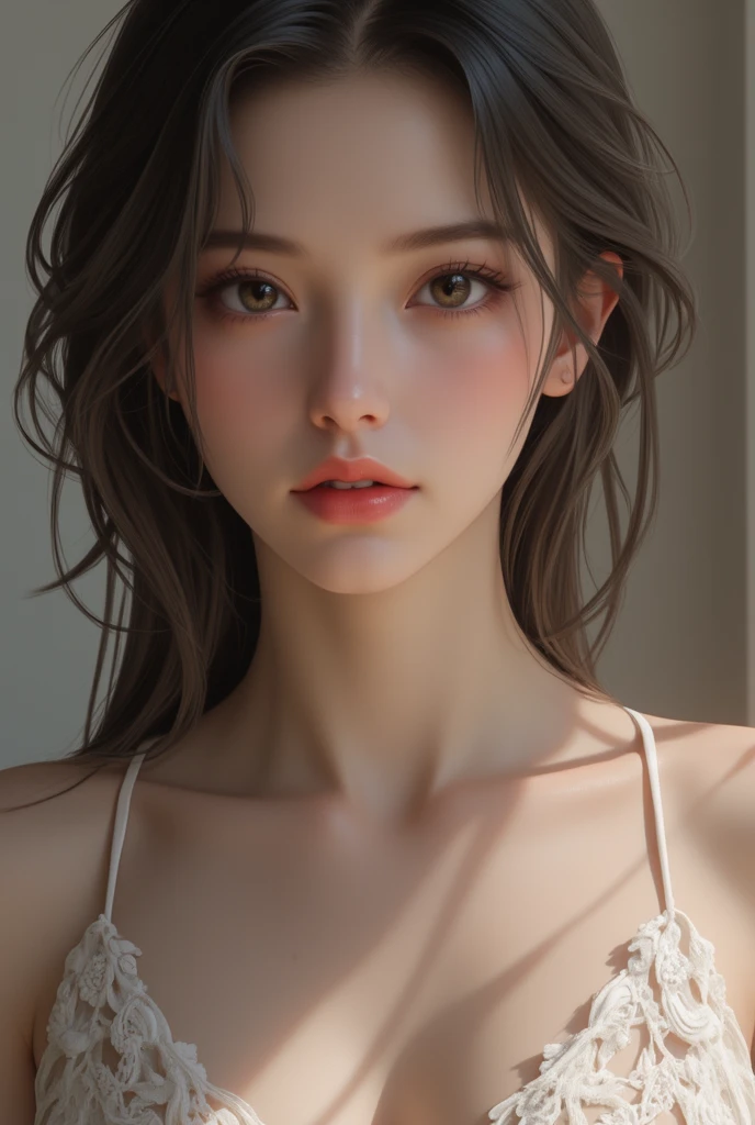 Beautiful girl with realistic black eyes, pale skin, long black hair, perfect face, perfect eyes, ((fullnude)),((A nude full)) very detailed, comprehensive movie, digital painting, 8K, cinematic lighting, highest quality, High resolution, well done!, Post-processing, perfect result, surreal,(((fullnude))),big breasts,choker, that'Transparent