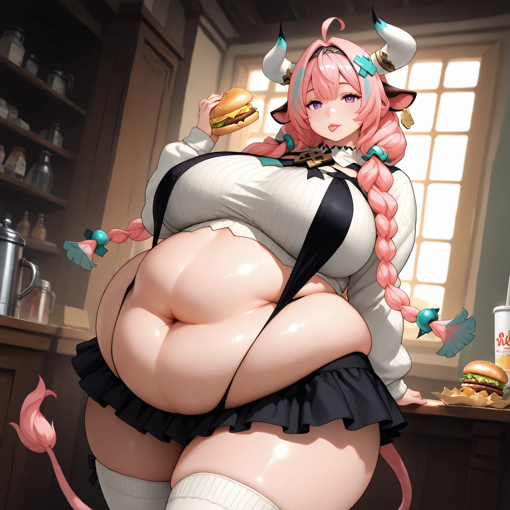 1 woman, beautiful mature woman, attractive detailed face, delicate facial features, detailed skin, huge breasts, slingshot swimsuit, hand behind back, looking seductive, ultra-detailed, (best quality,4k,8k,highres,masterpiece:1.2), cinematic lighting, octane render, 8k uhd, extremely detailed, intricate details, hyper realistic, high definition, sharp focus, ,compositionmuted colors, skin pores, score_9, score_8_up, score_7_up, (cowboy shot, dutch angle:1.2), masterpiece, best quality, indoors, cinematic lighting, amazing quality, very aesthetic, absurdres, best quality, 4k, upscale, Varesa, 1girl, solo, horns, animal ears, ahoge, long hair, food, pink hair, breasts, tail, thighhighs, braid, skirt, holding food, holding, navel, purple eyes, midriff, burger, black skirt, tongue, looking at viewer, cow ears, kneehighs, tongue out, twin braids, cow horns, hair ornament, (negative_v2 Color_Balance_Calibration:0.8), negativeXL_D, aidxlv05_neg, Stable_Yogis_Animetoon_Negatives, chubby, chubby girl, curvy, large breasts, lips, plump, thick thighs, thighs, (((oversized gigantic stomach)), curvy, large breasts, lips, plump, thick thighs, thigh, immobile, (((oversized gigantic stomach))
