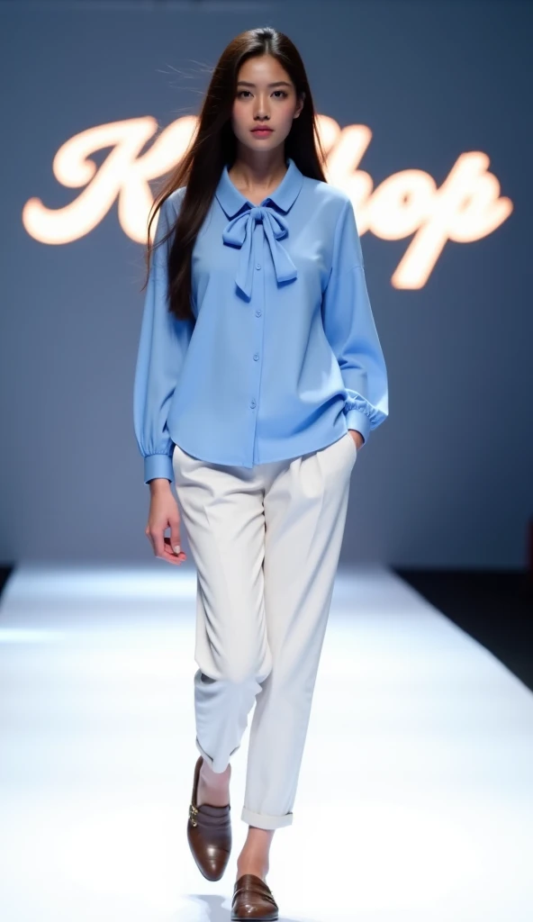 araffe walking down a runway wearing a blue dress and a fur coat, catwalk photo, runway photo, fashion runway, glamorous runway model, korean women's fashion model, fashion show runway, wearing a camisole and shorts, on the runway, fashion model, walking down the catwalk, short in stature, catwalk, épaule devant pose