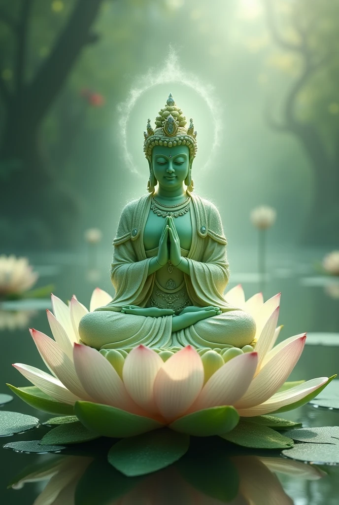Tara : - A jade statue of Avalokiteshvara with a calm appearance, often depicted with a gentle smile. She can be depicted sitting on a lotus or throne, surrounded by lotus flowers, with a soft green or blue background, symbolizing compassion and protection. In dall e-3 style