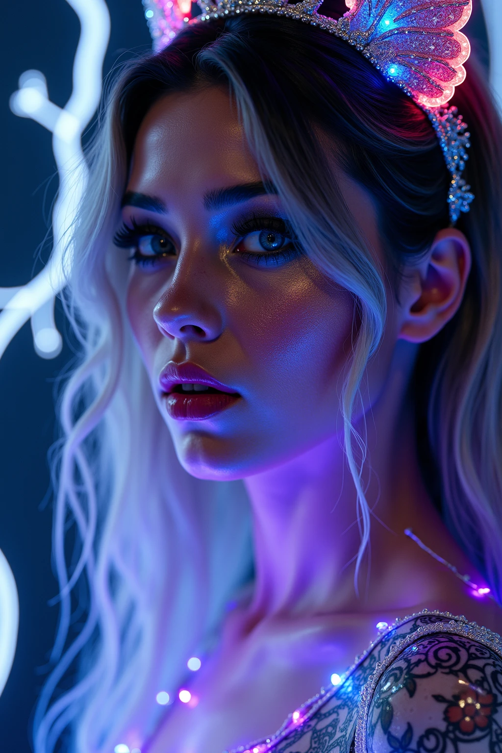 (((ultra realistic))) Photo, masterpiece, top quality, (pale skin), (Ultra detailed face and eyes:1.3), 1 girl, Adult, ((purple fading into green skin tight dress)), ((Bright Deep Navi Blue eyes)), ((Eye makeup, Pink mascara)), ((large detailed red lips)), (((Blonde straight hair)), ((Stylish hairstyle)) , (Natural breasts). ((Posing)), photoshoot, (Soft Lighting), (The play of light and shadows), depth of field, bokeh, (special attention to skin detail: 1.2), Detailed leather texture, detailed skin pores. (Erotic atmosphere of the frame. Color range - Pink, Silver, White tones), UDR, ((Film grain)), ((rays)), (Glare), ((close to the camera)) , ultra detailed, (Full body shot)
