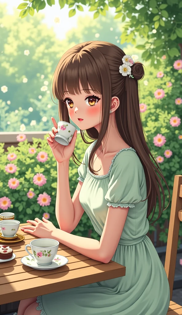 masterpiece,best quality,masterpiece,best quality,official art,extremely detailed CG unity 8k wallpaper,Slight retro color,riso print style,illustration,cute,1girl,Flowers,Windowsill,flowerpot,Drink coffee,.