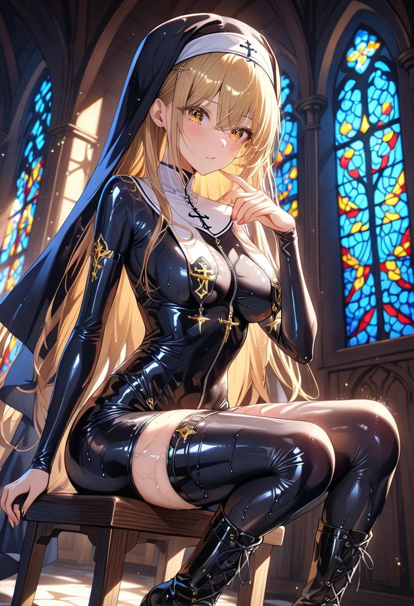 Blonde Hair Straight、Blue Eyes、Big eyes、She smiled gently.、Bondage Dresses、Pretty black outfit:1.5、Black Veil、Inside the church、 Early teenoderately sized small breasts、One Woman、slit、Exposed genitals:1.5、White mucus coming out of the genitals、Sweat、Spread your legs、NSFW、erotic、Sit