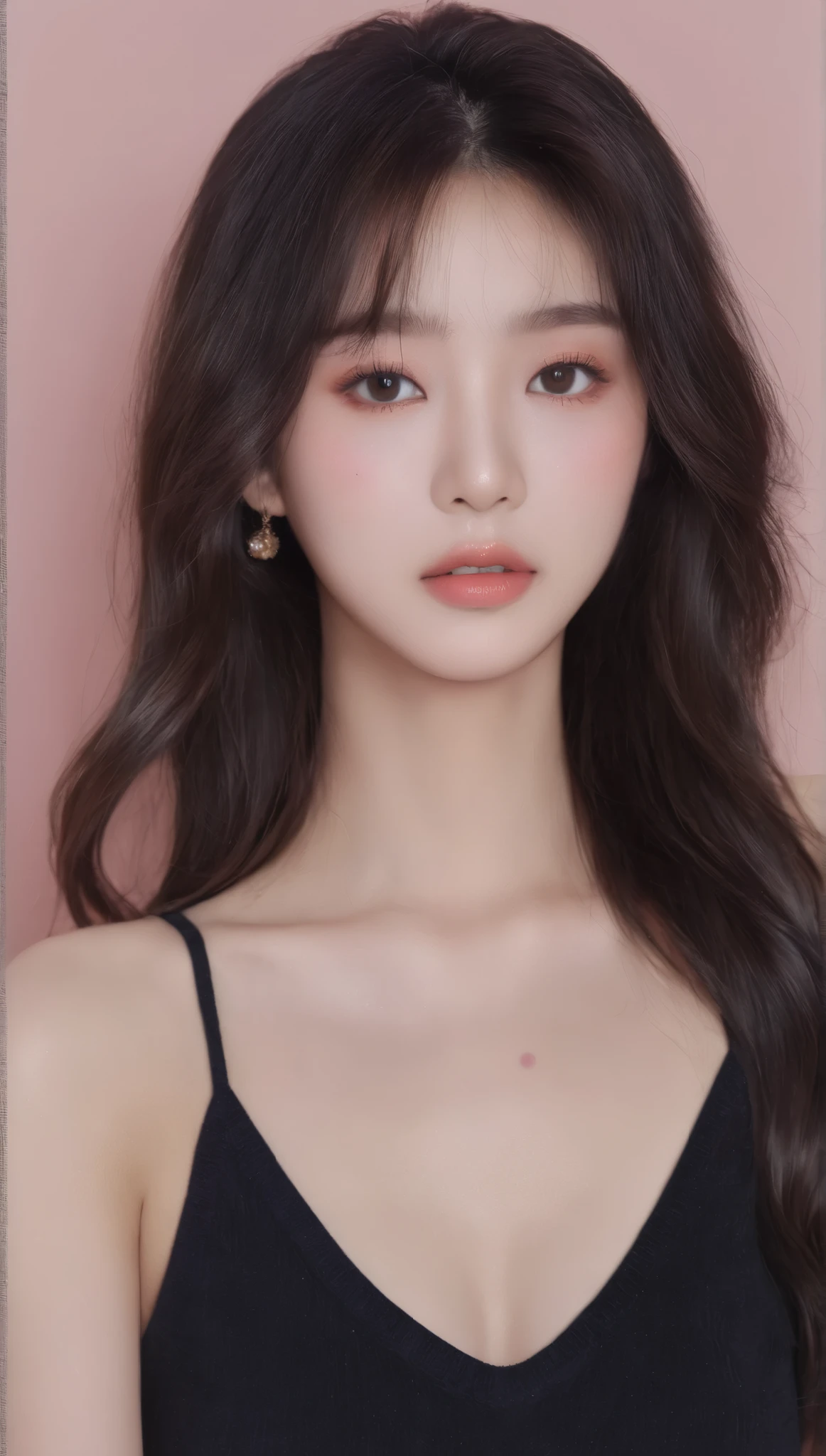 ultra wide shoot, front photo, elegant woman, (Photorealsitic)、(intricate detailes:1.2)、(masterpiece、:1.3)、beauty face, (top-quality:1.4)、(超A high resolution:1.2)、超A high resolution、(A detailed eye)、(detailed facial features), ((Realistic lighting、top-quality、8K、natural light, masterpiece:1.3))、bright photo, Clear focus:1.2、1girl in、flawless beauty:1.uperfine Face、 woman wearing a pink hat and sweater, gorgeous young korean woman, beautiful young korean woman, beautiful south korean woman, korean girl, ulzzang, lovely delicate face, young adorable korean face, popular korean makeup, beautiful asian girl, girl cute-fine-face, korean woman, sakimichan, popular south korean makeup, big Narrow-eyed、double eyelid、photos realistic, perfect eyes, perfect skin, detailed skin, detailed face, looking viewer, front view, potrait, raw photo, simple soft pink background, (intricate detailed skin textured:1.4) front view, looking viewer, clear face, 1 girl、porate、Bright and very beautiful face、beautiful girl, A stunning close-up portrait showcasing the beauty of a Korean model. The composition features soft, natural lighting , bright eyes, and striking cheekbones. Her glossy, The background is simply black background, wear black sweetshirt, neat hair, long hair, instagram model, profil picture, bright and natural