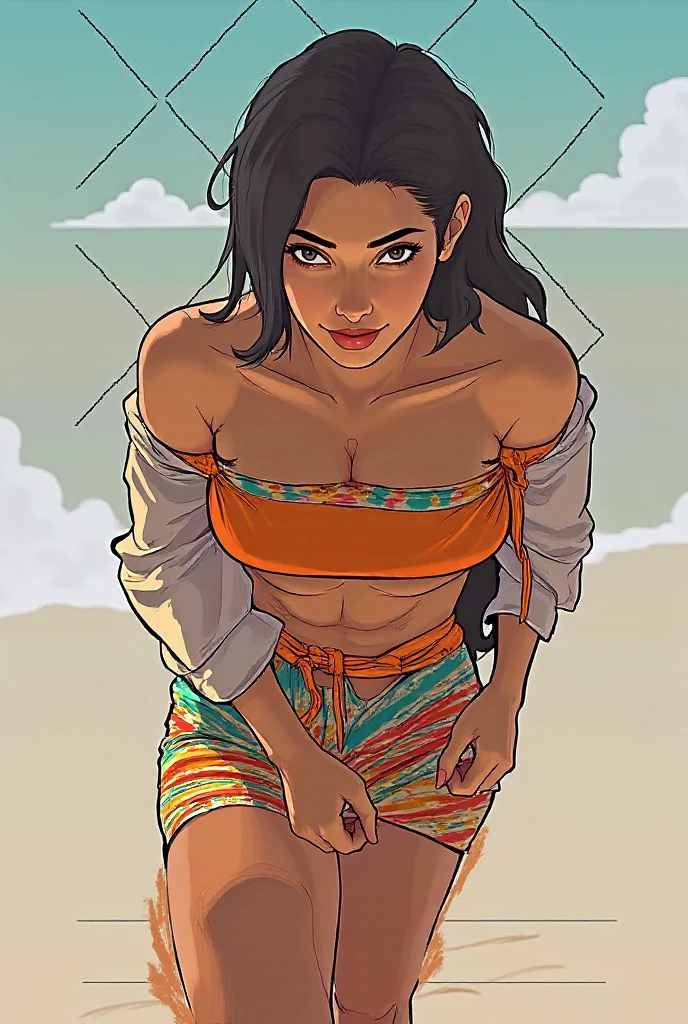 connie maheswaran age 25, ( extremely detailed CG, perfect Mahagony-skinned, strong oblong-shaped face, narrow convex hooked nose, black eyes, phoenix back tattoo, black hair, tight dragonbraid. strong toned and voluptuous hourglass physique, perfect body, wide heart hips,): full-body open back leotard, mini shorts with stars on the back pockets, baret):overlooking a coastal city with hands in her pockets,looking over her shoulder ,playful bottom hit, alluring aura and stare, biting lips enticingly, catching your eye, waving you closer to her):2 view from behind, hd illustration, extreme long shot, rendered in Unreal Engine 5, hyper-realistic, , 8k, uhd, hdr, intricate detail, webcomic animation, ink art, life size body, wide-body shot, , ink art,Black ink,tattoo design outline, Lineart, brush art ,thin line animation, ultra-HD masterpiece, highest quality, highly detailed facial expressions,realistic expression, perfect piece, perfect prompt ,full length, best quality, intricately accurate facial and physical structure, intricately realistic expression and emotion, accurate colored complexion, accurate ????????????, intricate bodypaint, complex hairstyles, intricate character detail, intricately expressive, intricate color design, complex emotions,)
