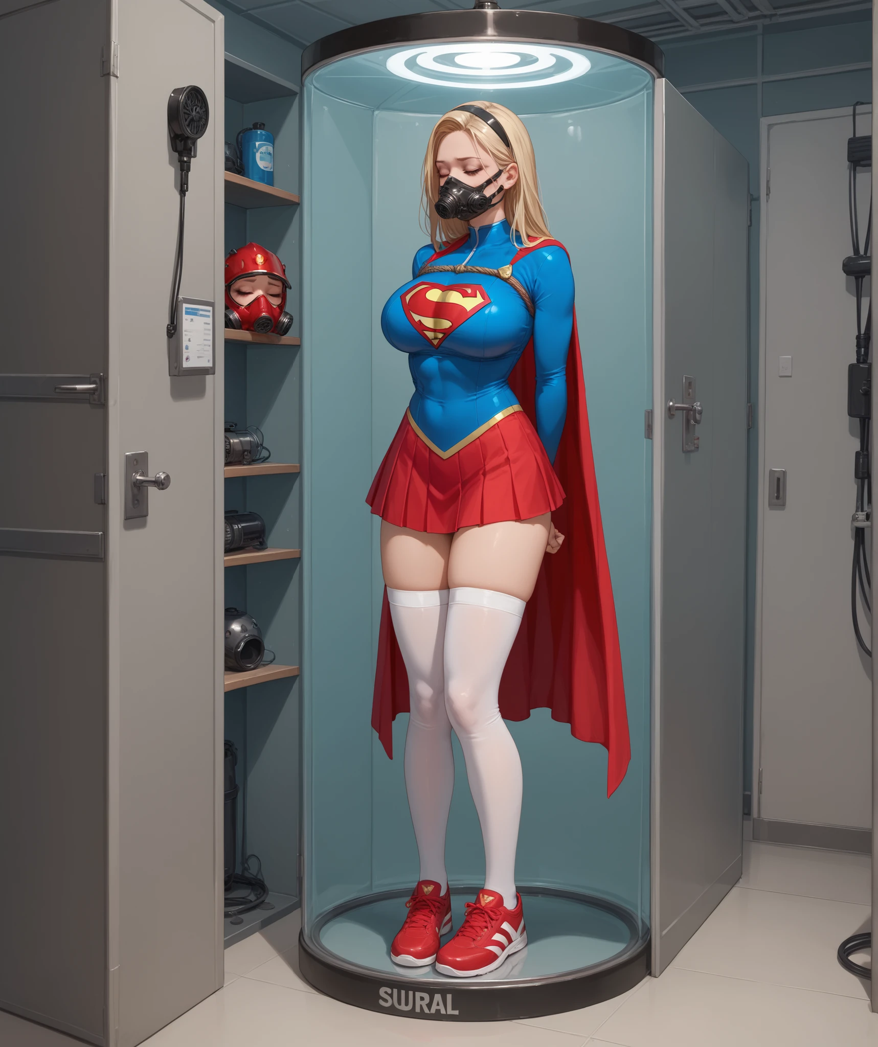 Supergirl , Trapped inside a container with a flashlight, closed eyes, with arms tied behind the back, room, white blouse, red skirt, gas tank,  mask, style big breasts, red tennis shoes, room oscura de fondo, white stockings 
