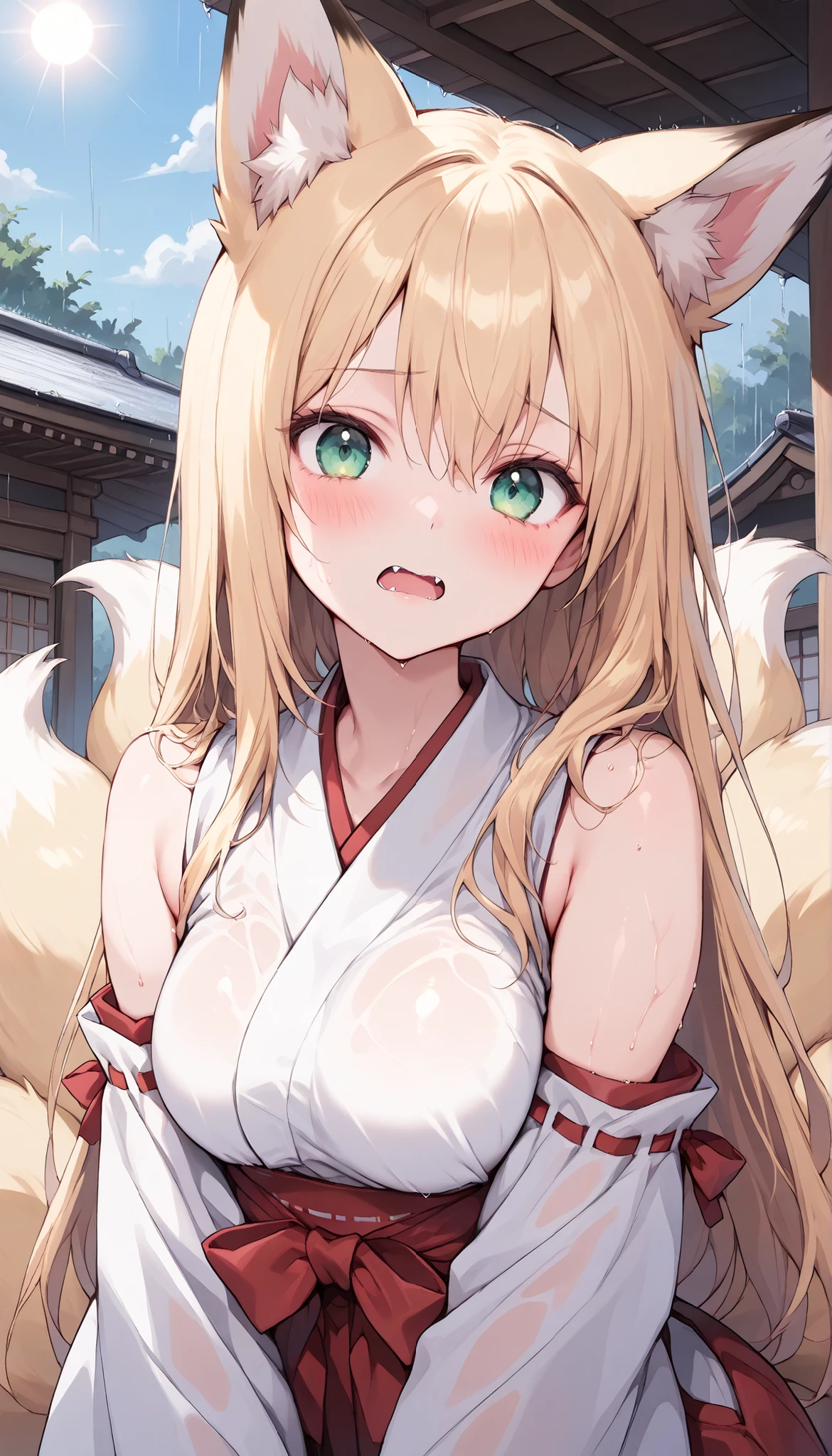 score_9, score_8_up, score_7_up, score_6_up, score_5_up, score_4_up, Embarrassed, (masterpiece:1.3, perfect details:1.3, best quality:1.3, 8k wallpaper), ((beautiful detailed eyes, clean eyes)), source_anime,
((1girl, fox girl, blonde long hair,multiple tails,fox tail,fox ears, medium breast, green eyes, mouth with fangs)), (wet skin, sweaty), looking at viewer, miko outfit, japanese shrine, Japanese style room, sun, blue sky, rain, rainy