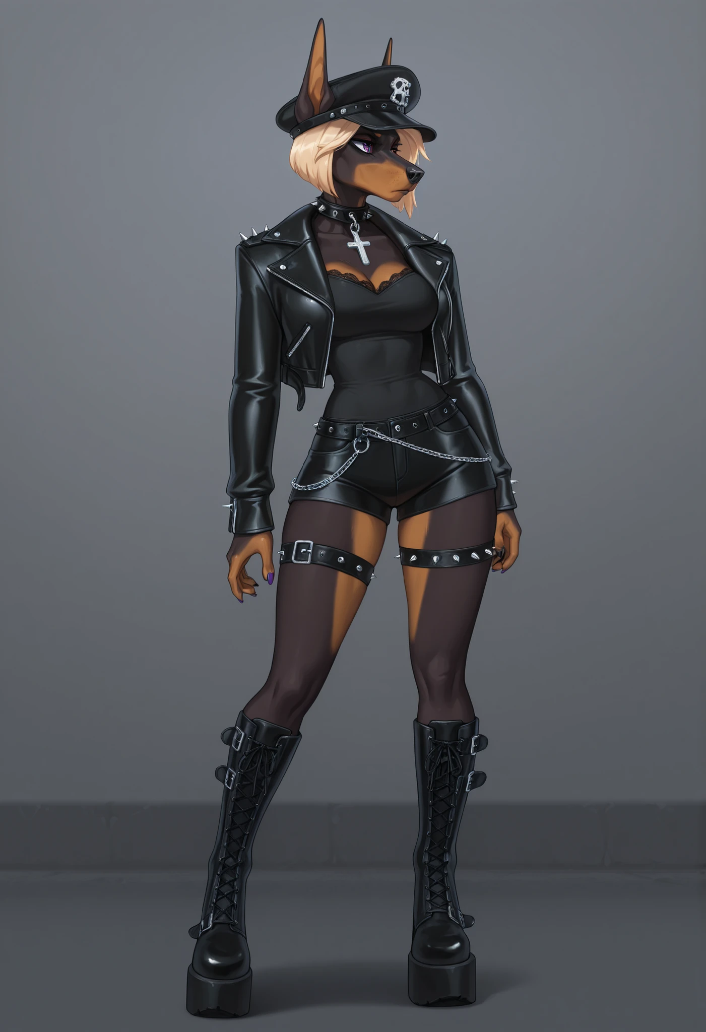 furry female, Anthro , Doberman female, female Doberman, tall , short French blonde hair, black top , black leather jacket with spikes , black footwear, short french blonde hair, black headwear, boots, breasts, bridal garter, chain, collar, cross, cross-laced footwear, full body, goth fashion, gothic, grey background, hat, jewelry, knee boots, lace-up boots,, looking away, nail polish, platform boots, platform footwear, purple eyes, solo, standing, thigh strap