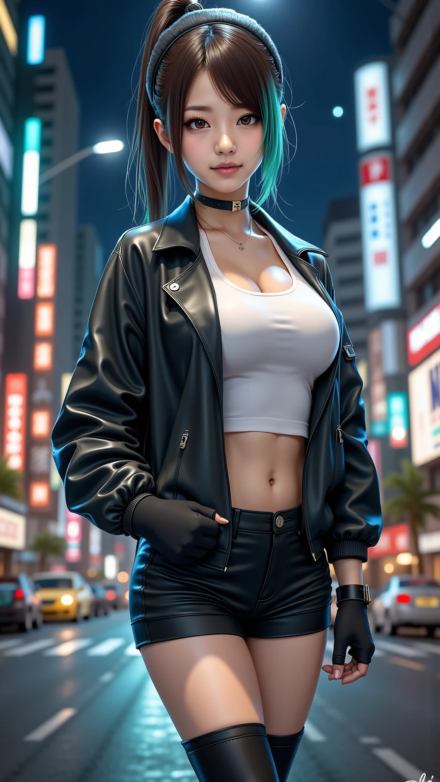 Close-up of a Beautiful milf, small breasts, short flowing brown hair, wearing an intricately detailed jacket, crop top, leather pants, studded belt, futuristic city street, dynamic lights, action pose, misty, 8k, highres