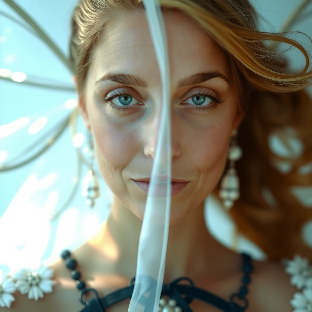 an image of a striking woman depicting two contrasting sides:
Left Side: An angelic girl, radiantly beautiful with icy blue eyes, adorned with delicate jewelry. Her ethereal appearance is complemented by translucent, shimmering wings.
Right Side: The same woman, but transformed into a vibrant, empowered figure in her 40s. She exudes freedom with clear honey-colored eyes, a radiant gaze, and an active, joyful demeanor. She wears a corset that accentuates her confident,  posture.

The entire figure is enveloped in a translucent, luminous veil, blending both personas seamlessly to illustrate 'Beyond the Veil.'
