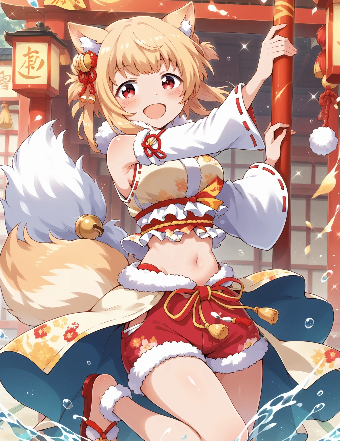 1girl,Sexy pretty girl,shiny gold platinum blonde hair, Bobcut,curly hair、Dog ears、Red sparkling eyes、detailed cute eyes,(glowing eyes:1.4),laugh heartily,((Droopy eyes)),22 years old,posing,skinny body shape,short of a person,smiling open mouth,flushed cheeks,white silk Clothes shirt, sparkle, flowing transparent white,pearls choker,sensual pose,A little sexy,Masterpiece, best quality,(watercolor style illustration), kawaii yukata, silver bobcut hair, beautiful goldfish in a fishbowl, photography
