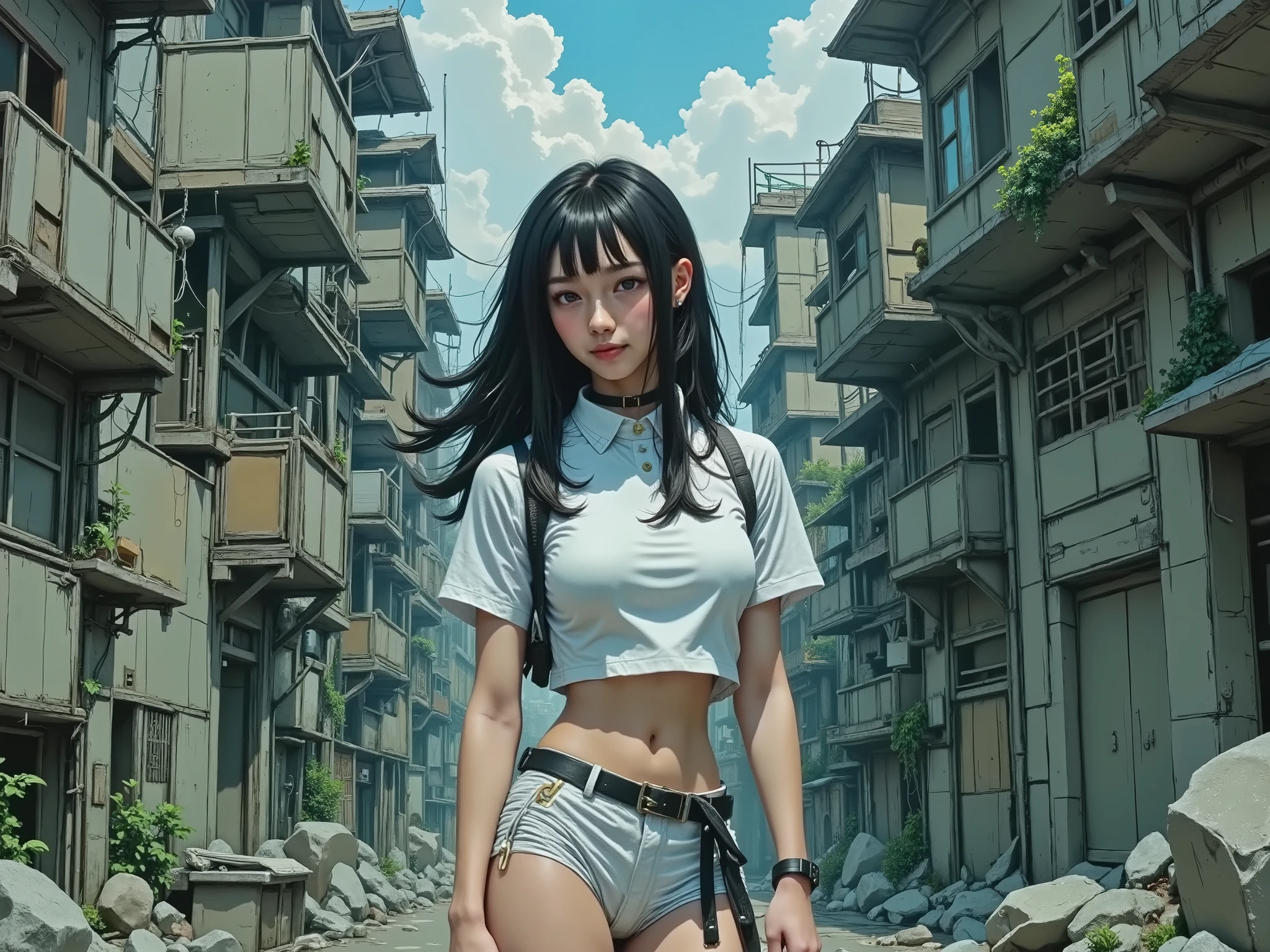 (Best Quality,4K,8k,high resolution,masterpiece:1.2),(detailed details、realistic accurate depiction:1.4), (((masterpiece, illustrations, 18 year old beautiful girl, long hair、round beautiful chest tight waist、wide hips、white swimsuit、accessory、dynamic angle, Mysterious Town, ruined city、Standing dazed、Wandering around the city)))