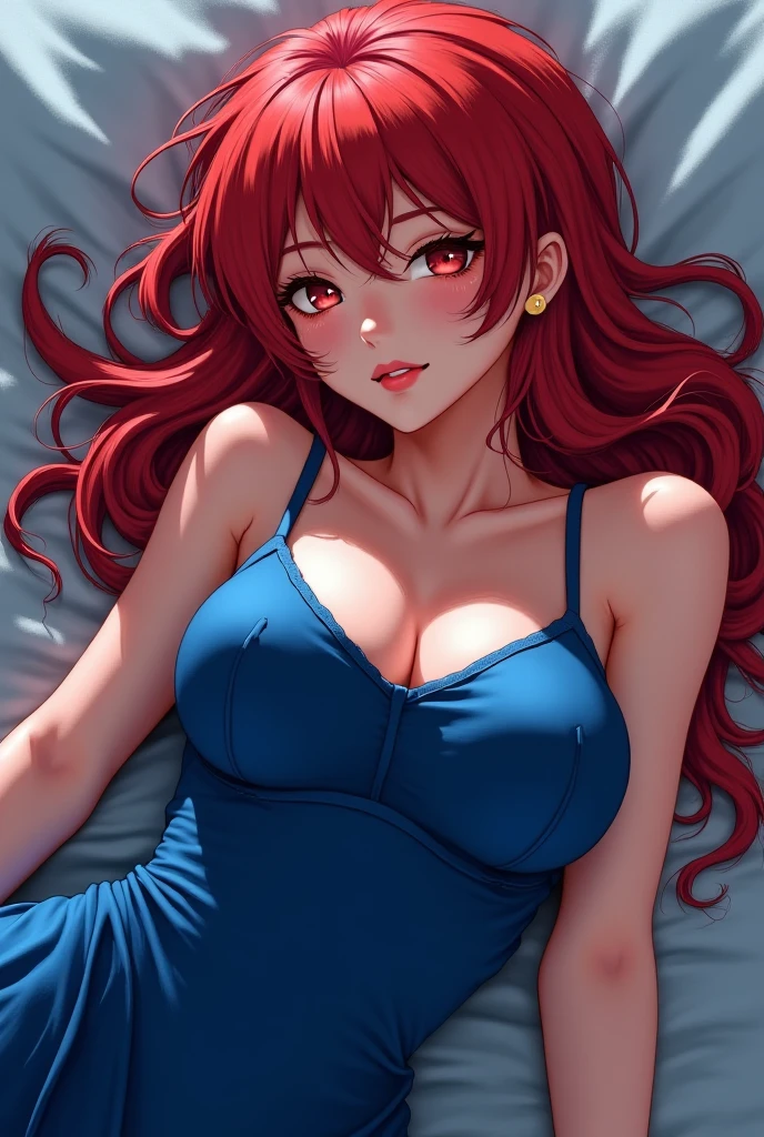 Mulher jovem anime, cabelo vermelho, olhos verdes sentada em uma cama, jeans glued, with black bra, 4k, 4K Scenario, dentro de um quarto, medium to large breasts, quadril grande, cabelo longo ondulado, blogger's facial squeeze, de frente